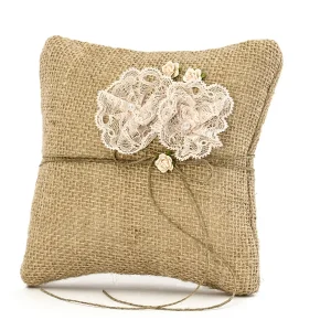 Cuscino PortaFedi Juta Pizzo Con Fiori e Fiocco di Spago (PKWM7)